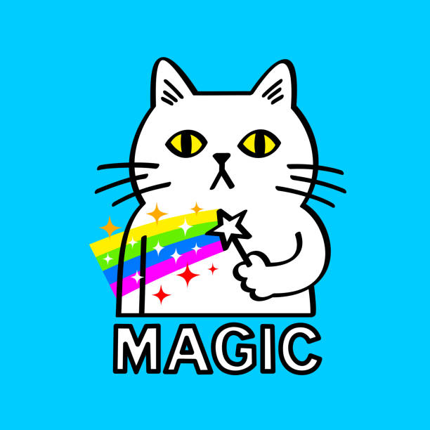 illustrazioni stock, clip art, cartoni animati e icone di tendenza di il gatto bianco tiene la bacchetta magica - mago artista di spettacolo