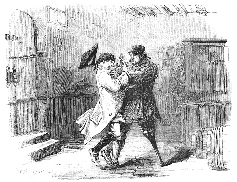 One man (possibly a ship captain) grabs another man  by his uniform lapels, but the smaller man holds his hands out, indicating he doesn't want to fight.  Woodblock engraving published 1860. Source: Original edition is from my own archives. Copyright has expired and is in Public Domain.