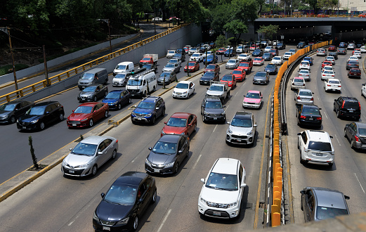 Mexico City, Mexico - Apr 13, 2022:  Heavy traffic in Mexico City, traffic jam.