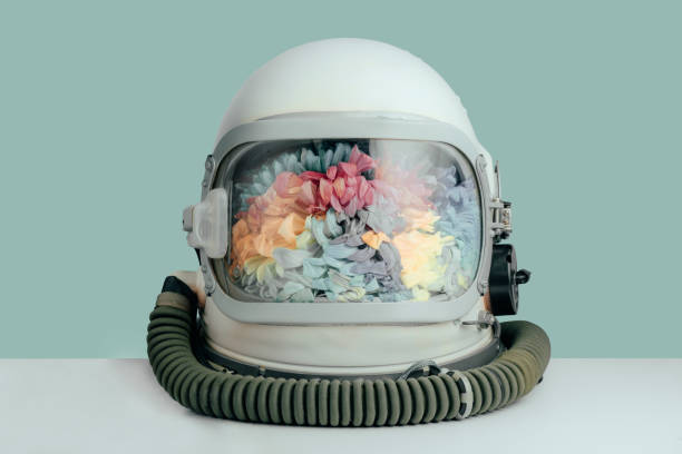 casque d’astronaute fermé rempli de fleurs de chrysanthème colorées sur fond de couleur menthe. casque spatial cosmonaute avec des fleurs - cosmos flower cut flowers daisy family blue photos et images de collection