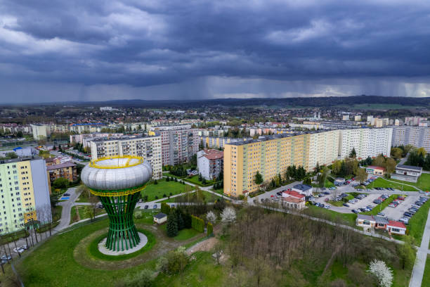Water Tower in Tarnow, Poland. Urban Cityscape from Drone stock photo