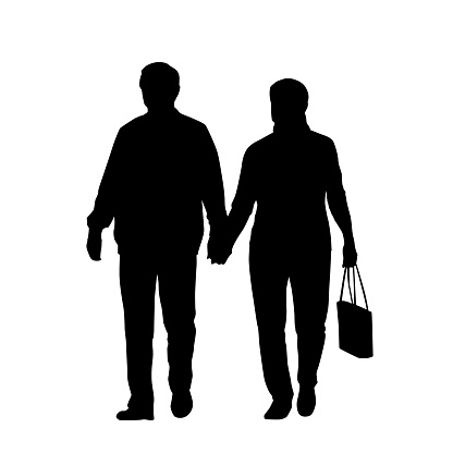 Couple of two seniors walking and holding hands, isolated tector silhouette