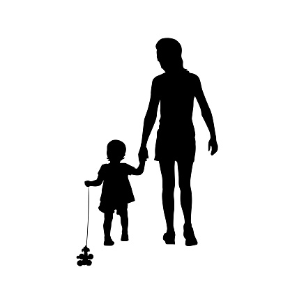 Mom and small kid walking together, isolated vector silhouette