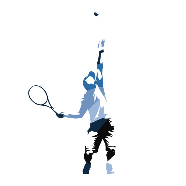 tennisspieler serviert ball, abstrakte blaue vektorillustration - tennis racket ball isolated stock-grafiken, -clipart, -cartoons und -symbole