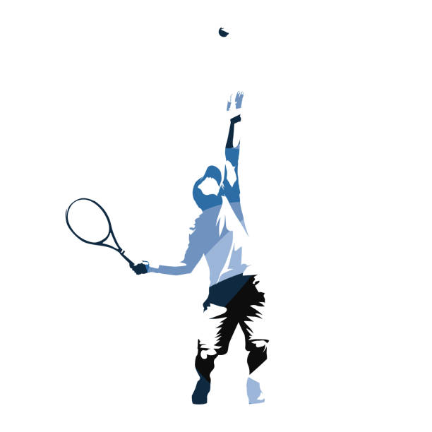 공을 제공하는 테니스 선수, 추상 블루 벡터 일러스트 레이 션 - tennis serving silhouette racket stock illustrations