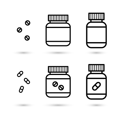 Medicine bottles, pills , medicine icons.
