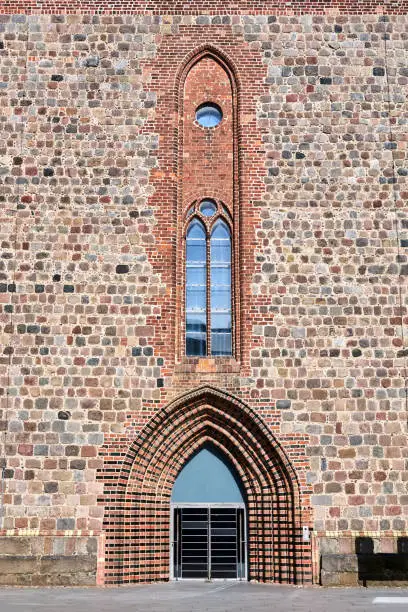 Portal and entrance to the medieval St.-Marien-Kirche Evangelical Church in the city of Neubrandenburg, Germany