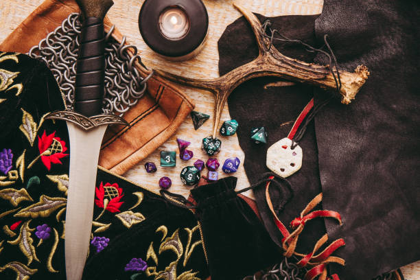 Fantasy, role play,board game, still life, concept, Background, decorated,character, objects, tools, Dagger, dragons, dungeons,chain mail, amulet, clothing, dice set,D10, D20, D12, D6, D8