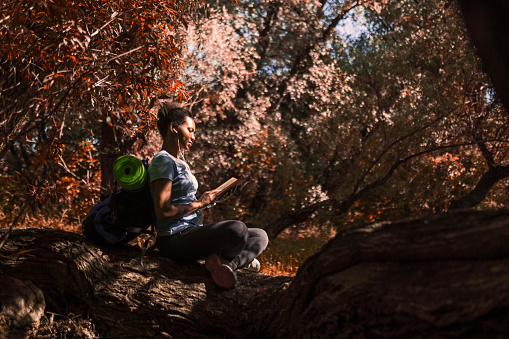 Woman Sitting On Tree Trunk In Forest reading book