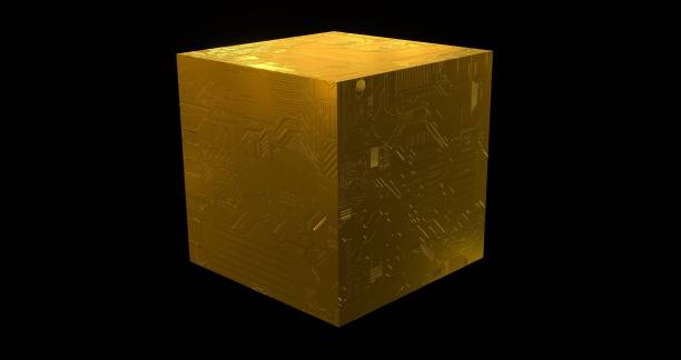 istock Golden techno cube. Yellow square metal box covered with 3d render digital tracery and textures 1397957119