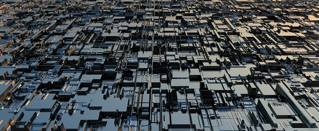 Techno landscape from boards and blocks. Futuristic steel city illuminated by rays of setting sun. Digital motherboard with shiny chips and strips for abstract art engineering