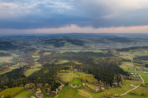 Rolling Hills in Lesser Poland Countryside at Spring Storm Weather.