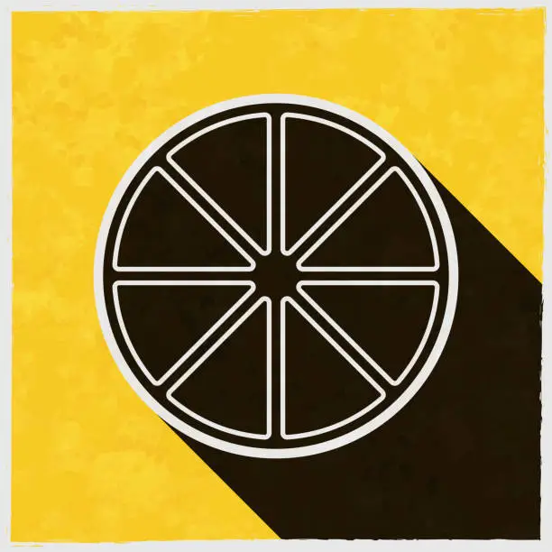 Vector illustration of Lemon slice. Icon with long shadow on textured yellow background