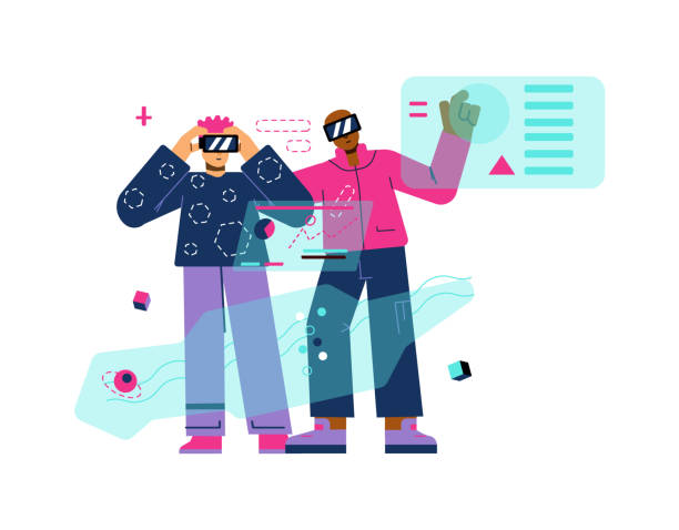 istock Two male friends in VR goggles exploring metaverse with hologram, flat vector illustration isolated on white background. 1397959496