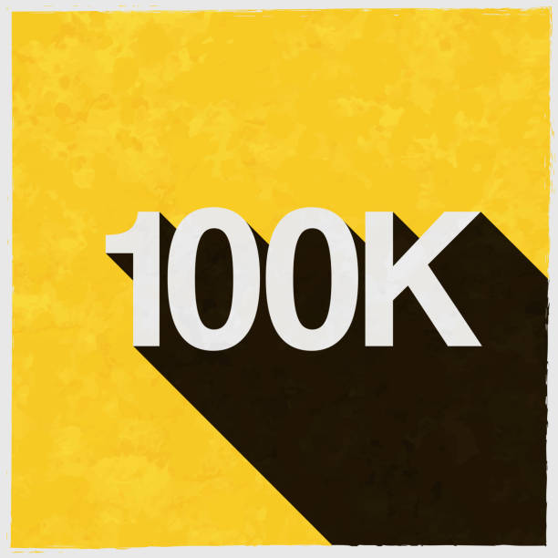 illustrazioni stock, clip art, cartoni animati e icone di tendenza di 100k, 100000 - centomila. icona con ombra lunga su sfondo giallo strutturato - number financial figures mathematics backgrounds