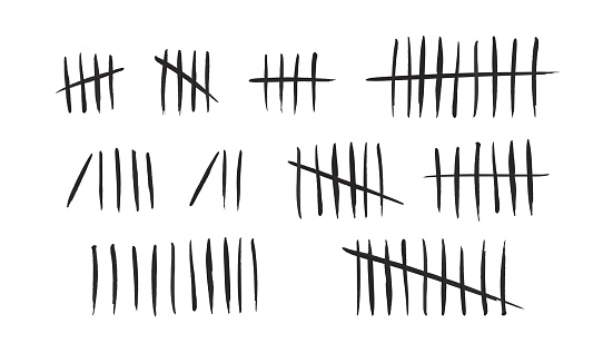 Tally marks set on white background. Collection of black hash marks signs of prison wall, jail or desert island lost day tally numbers counting. Chalk drawn sticks lines counter. Vector illustration.