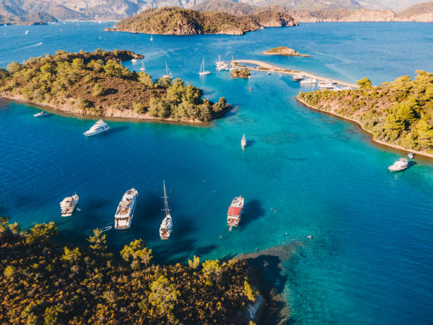 Göcek Yassıca Islands shot with drone from above Göcek, Muğla - Turkey Göcek Yassıca Islands shot with drone from above Göcek, Muğla - Turkey aegean islands stock pictures, royalty-free photos & images