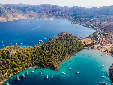 A drone shot of Cennet Bay and Selimiye Bay from above - Marmaris, Muğla - Turkey