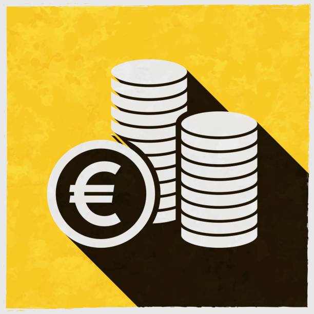 Euro coins stacks. Icon with long shadow on textured yellow background Icon of "Euro coins stacks" in a trendy vintage style. Beautiful retro illustration with old textured yellow paper and a black long shadow (colors used: yellow, white and black). Vector Illustration (EPS10, well layered and grouped). Easy to edit, manipulate, resize or colorize. Vector and Jpeg file of different sizes. background of a euro coins stock illustrations