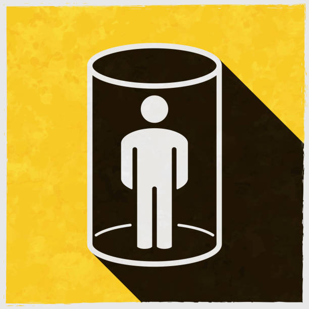 Person placed in isolation. Icon with long shadow on textured yellow background Icon of "Person placed in isolation" in a trendy vintage style. Beautiful retro illustration with old textured yellow paper and a black long shadow (colors used: yellow, white and black). Vector Illustration (EPS10, well layered and grouped). Easy to edit, manipulate, resize or colorize. Vector and Jpeg file of different sizes. confined space stock illustrations