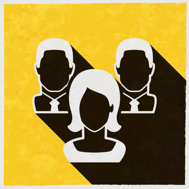 ilustrações, clipart, desenhos animados e ícones de equipe com mulher e homens. ícone com sombra longa no fundo amarelo texturizado - professional occupation three people businessman human head