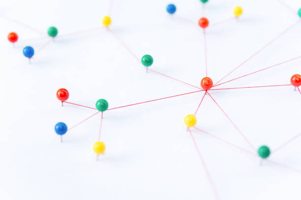 istock Linking entities, Blockchain, social media, Communications Network, The connection between the two networks. Network simulation on paper linked together by yarn 1397963603
