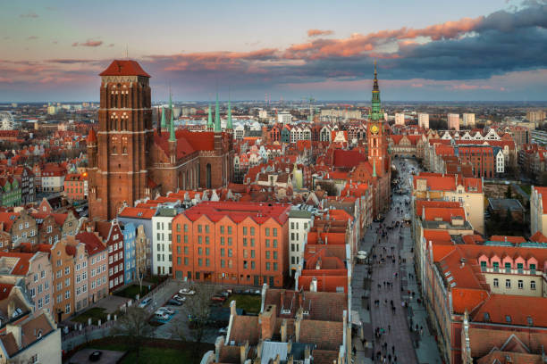 Aerial view of the beautiful Gdansk city at sunset, Poland stock photo