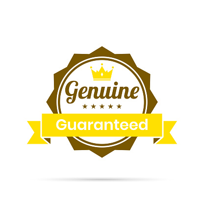 Yellow trendy badge (Genuine, Guaranteed) with shadow, isolated on a white background. Elements for your design, with space for your text. Vector Illustration (EPS10, well layered and grouped). Easy to edit, manipulate, resize or colorize.