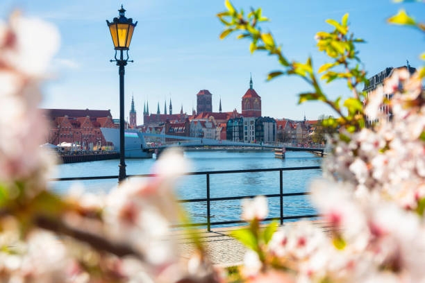 frühling über dem fluss motawa in danzig. polen - danzig stock-fotos und bilder