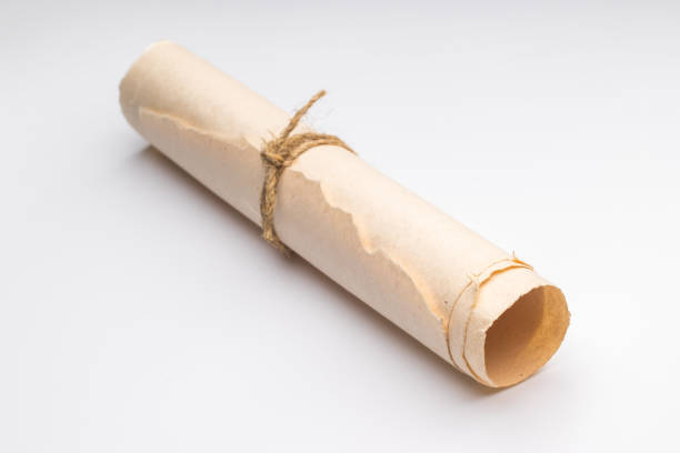Twisted scroll of yellowed paper with torn edges tied with a coarse rope, selective focus Twisted scroll of yellowed paper with torn edges tied with a coarse rope, selective focus yellowed edges stock pictures, royalty-free photos & images