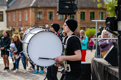 Dobele, Latvia - May 13, 2022: DRUMLINE performance at the Summit of Small Drummers during the historic Dobele Market