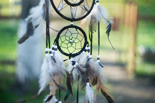 Dreamcatcher in forest, spiritual native american magical tool.