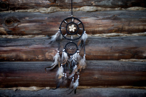 Dreamcatcher on wooden background. Boho style. Native american amulet, shaman.