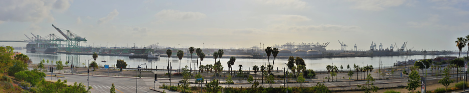 Los Angeles, California terminal island main channel panoramic from the Vincent Thomas Bridge to the outer harbor in San Pedro.