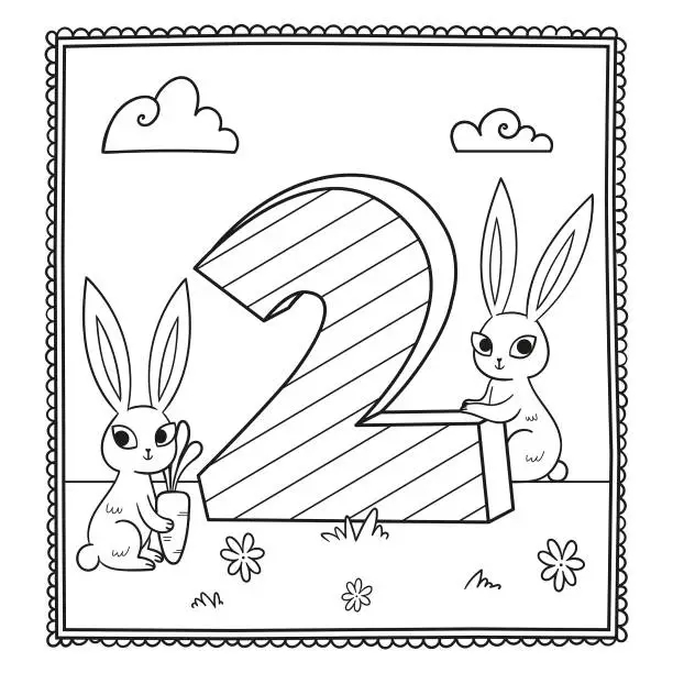 Vector illustration of Cartoon Educational Coloring Book for Children with Funny Bunnies. Vector Cute Black and White Illustration with Number Two