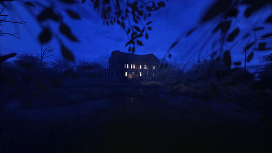 Eerie dilapidated historic manor with illuminated windows in twilight. 3D render.