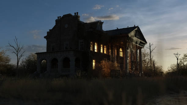 istock Eerie dilapidated historic manor with illuminated windows at dawn. 3D render. 1397971902