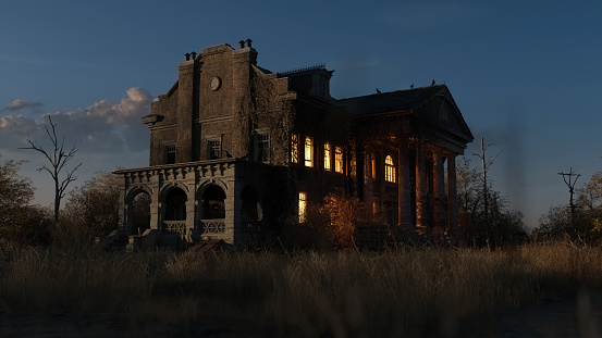 Eerie dilapidated historic manor with illuminated windows at dawn. 3D render.