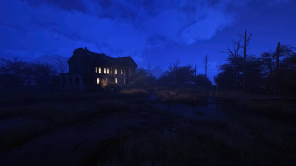istock Eerie dilapidated historic manor with illuminated windows in twilight. 3D render. 1397971908