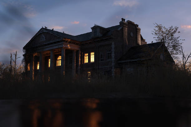 istock Eerie dilapidated historic manor with illuminated windows at dawn. 3D render. 1397971918