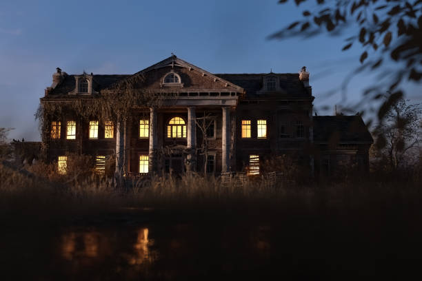istock Eerie dilapidated historic manor with illuminated windows at dawn. 3D render. 1397971937