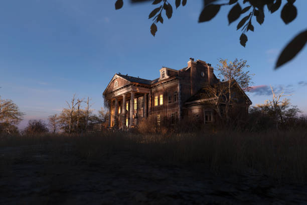 istock Eerie dilapidated historic manor with illuminated windows at dawn. 3D render. 1397971941