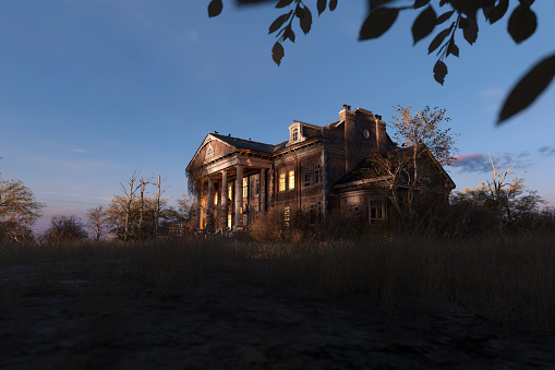 Eerie dilapidated historic manor with illuminated windows at dawn. 3D render.