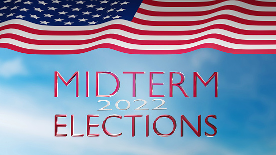 USA midterms. U.S. midterm elections 2022 background with banner sign American Flag and text. 3D render illustration.