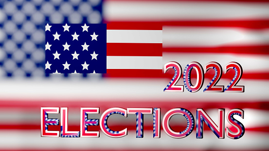 Presidential elections in America. The inscription Vote and 2024 on the background of the American flag. 3D render.