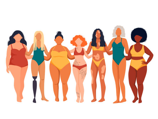 ilustrações de stock, clip art, desenhos animados e ícones de multiracial women of different height and figure type in swimsuits standing in row. female cartoon characters. body positive movement and beauty diversity. - body positive