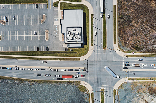 Aerial view of an intersection in an industrial park.