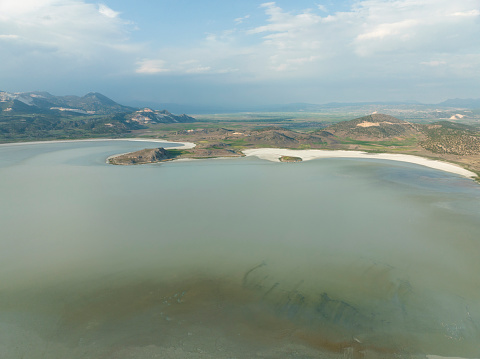 Aerial view of a lake in Burdur, Turkey. Taken via drone.