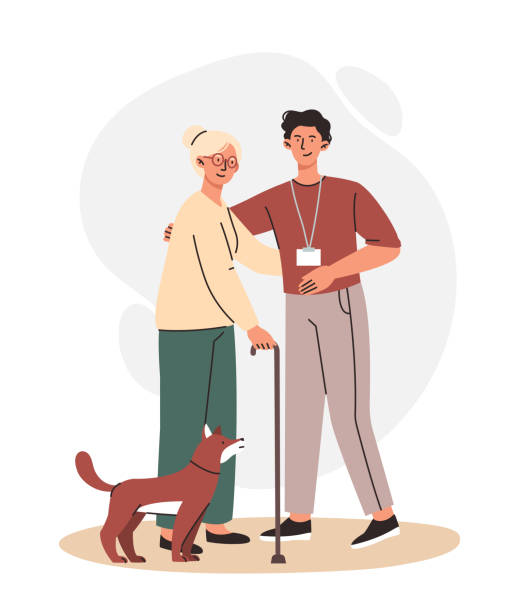 Male volunteers concept Male volunteers concept. Young guy helps his grandmother with dog. Charity and non profit companies. Love and care, pensioner with wand holding hand of adult man. Cartoon flat vector illustration doing a favor stock illustrations