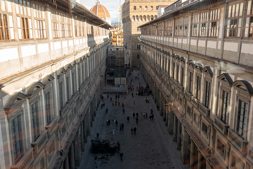 Panoramic view from the top of the Uffizi courtyard in Florence